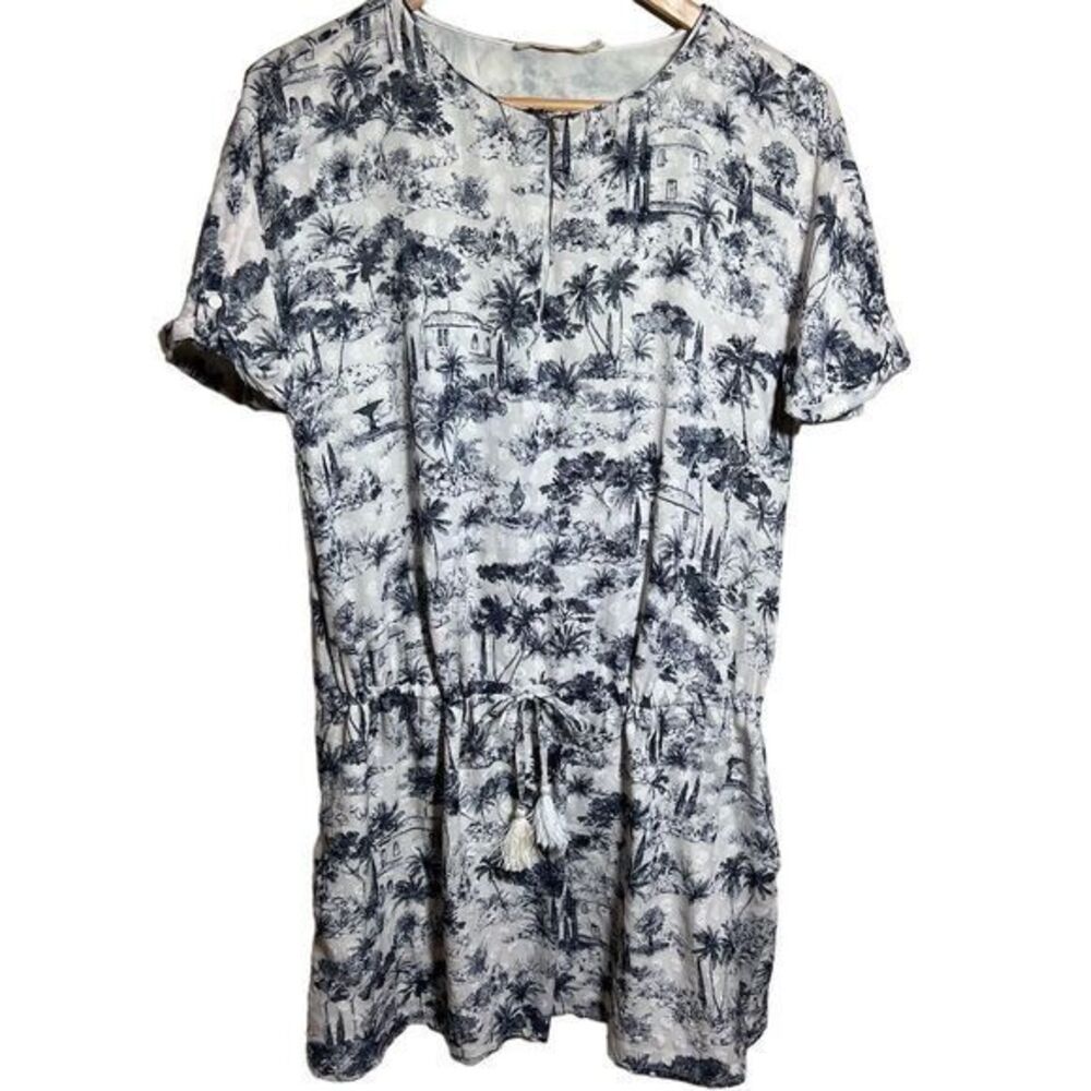 Tory Burch Dress Blue White Tie Front Palm Tree Print Sheer Silk Blend Size S/P